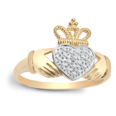 (J) Jewelco London Ladies 9ct Yellow Gold Pave Set Round H I2 0.1ct Diamond Claddagh fÃ¡inne Chl