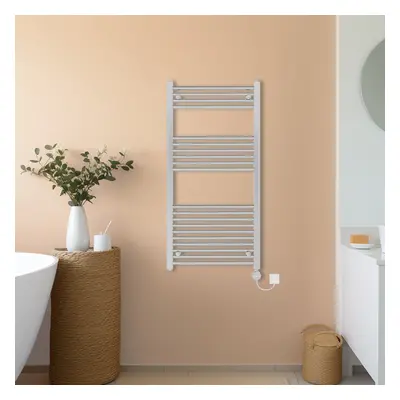 (Chrome, 1200x600mm) NRG Prefilled Thermostatic Electric Straight Heated Towel Rail Radiator