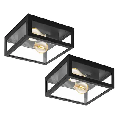 2 PACK IP44 Outdoor Wall Light Black & Glass Box Twin 60W E27 Porch Lamp