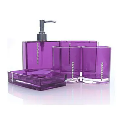 (Purple) 5Pcs Bathroom Accessories Set Cup Toothbrush Holder Soap Dish Dispenser Bottle Washroom