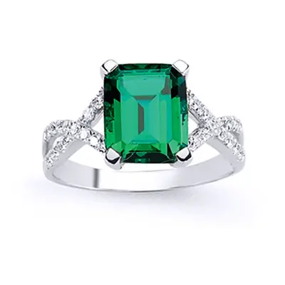 (Q) Jewelco London Ladies Rhodium Plated Sterling Silver Green Emerald Cut Cubic Zirconia Criss 