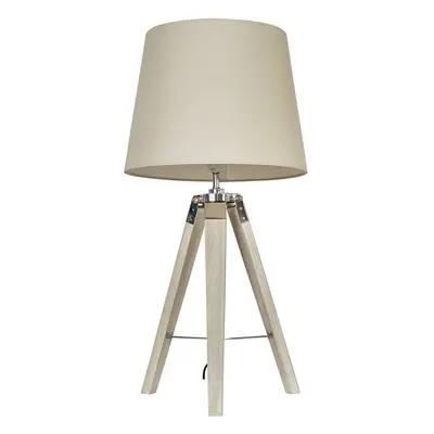 Modern Distressed Wood and Silver Chrome Tripod Table Lamp with a Beige Tapered Light Shade - Co