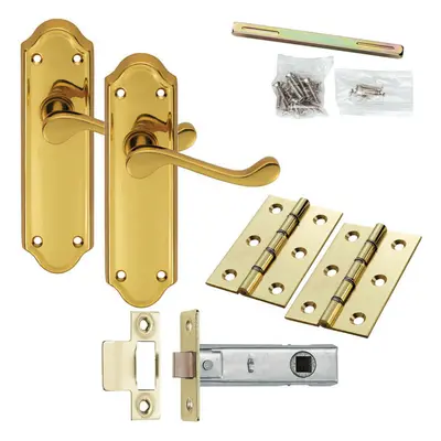 Door Handle & Latch Pack Brass Victorian Upturn Lever Turn Ornate Backplate