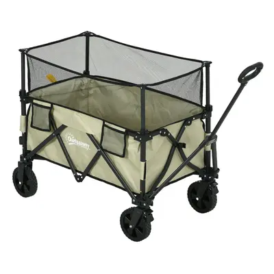 Outsunny 180L Folding Garden Trolley Wagon Cart w/ Extendable Side Walls, Khaki