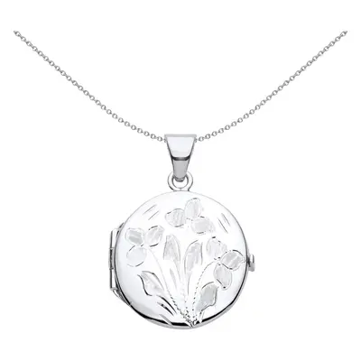 Jewelco London Ladies Rhodium Plated Sterling Silver Flower Leaves Engraved Round Locket Pendant