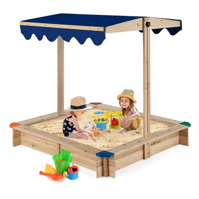 Kids Wooden Sandbox with Height-adjustable Canopy & Bottomless Design