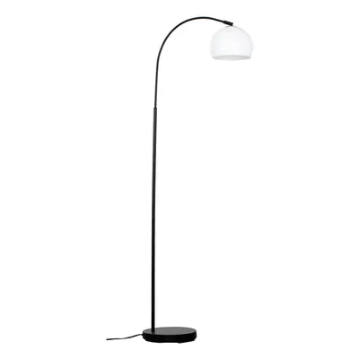 Modern Designer Style Black Curved Stem Floor Lamp with a Gloss White Arco Style Metal Dome Ligh