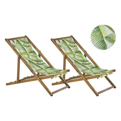 Set of Acacia Folding Deck Chairs and Replacement Fabrics Light Wood with Off-White / Green Palm