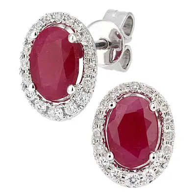 Jewelco London 9ct White Gold Round 20pts Diamond Oval 1.9ct Ruby Cluster Drop Earrings - DE1AXL