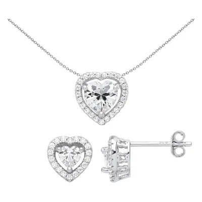 Jewelco London Ladies Rhodium Plated Sterling Silver Heart CZ Love Heart Halo Earrings Necklace 