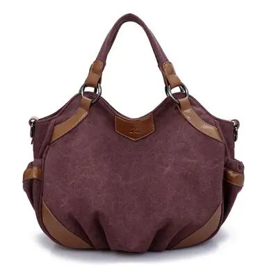 (Burgundy) Women Canvas Crossbody Bag Handbag PU Leather Splicing Zipper Vintage Shoulder Tote