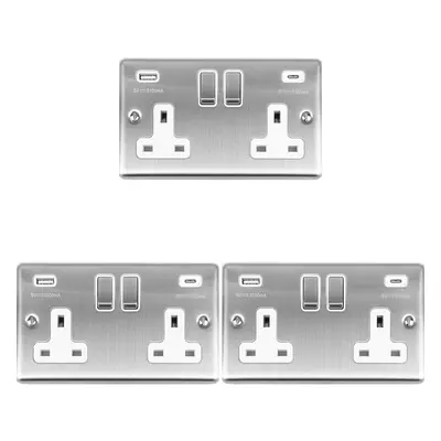 3 PACK Gang UK Plug Socket & 2x 3.1A USB-C & A SATIN STEEL & WHITE 13A Switch