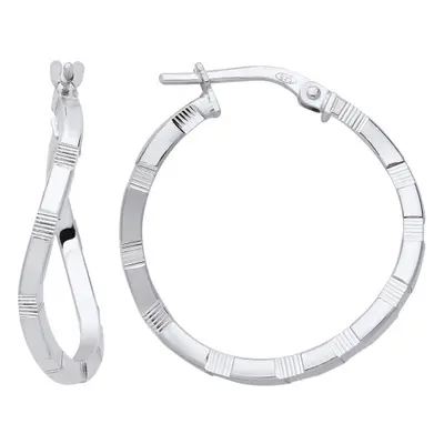 Jewelco London Ladies Rhodium Plated Sterling Silver Diamond-cut Brick Road Wavy Hoop Earrings -