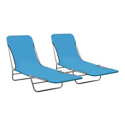 vidaXL 2x Folding Sun Loungers Steel and Fabric Blue Camping Beach Recliner