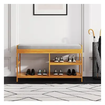 2-Tier Wood Shoe Storage Bench Padded Seat