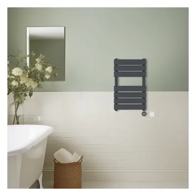 (Anthracite, 650x400mm) Prefilled Thermostatic Electric Flat Panel Heated Towel Rail Ladder Warm