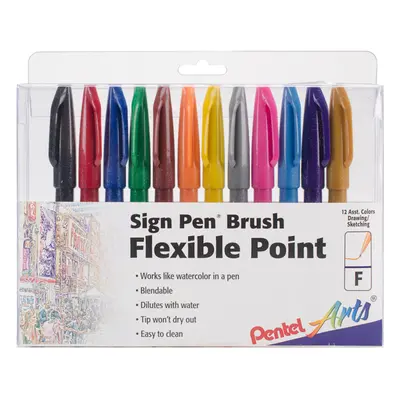 Pentel Arts Sign Pens W/Brush Tip 12/Pkg-Assorted