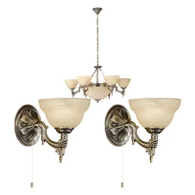 Ceiling Pendant and 2x Matching Wall Lights Bronze Satin Glass Multi Chandelier