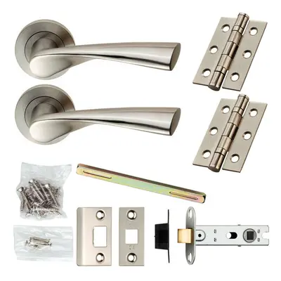 Door Handle & Latch Pack Satin Steel Angled Twist Lever Screwless Round Rose