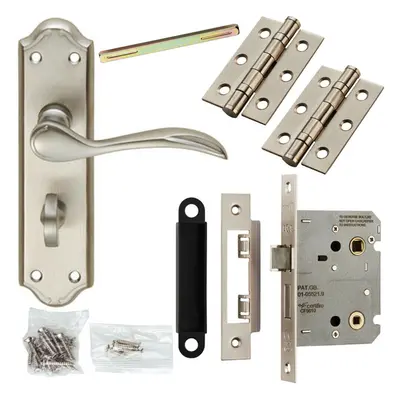 Door Handle & Bathroom Lock Pack Satin Chrome Victorian Curved Ornate Backplate