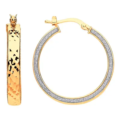 Jewelco London Ladies Yellow Gold-Plated Sterling Silver Square Tube Moondust Hammered Hoop Earr