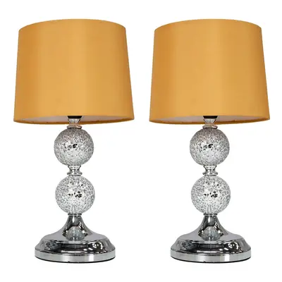 Pair of - Modern Decorative Chrome & Mosaic Crackle Glass Table Lamps with a Mustard Shade - Com