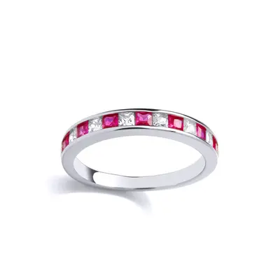 (Q) Jewelco London Sterling Silver CZ & Created Ruby Half Eternity Ring Eternity Ring - GVR961RU