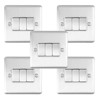 5 PACK Gang Triple Metal Light Switch SATIN STEEL Way 10A White Trim