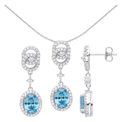 Jewelco London Ladies Rhodium Plated Sterling Silver Blue Oval CZ Double Halo Cluster Raindrop E