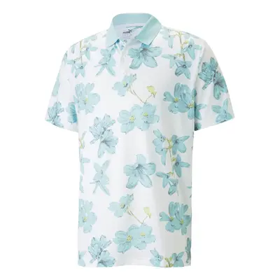 (M, Bright White/Aqua) Puma Golf Mens Mattr Verdant Performance Fit Floral Print Polo Shirt