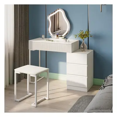 Dressing Table with Mirror and Stool Set, Modern Vanity Table Makeup Desk with Color Lights Mirr