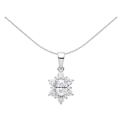 Jewelco London Ladies Rhodium Plated Sterling Silver Oval CZ Oval Snowflake Cluster Pendant Neck