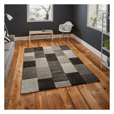 (120x170cm) Brooklyn Modern Rugs in Square Patchwork Grey and Black Thick Soft Mats