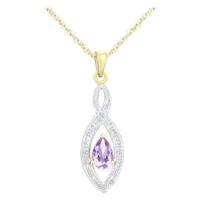 Jewelco London 9ct Yellow Gold Round 1.5pts Diamond Pear 0.38ct Amethyst Teardrop Pendant Neckla