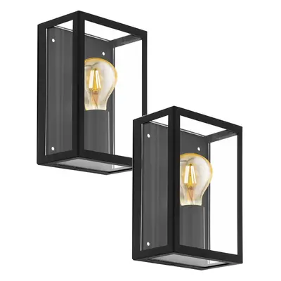 2 PACK IP44 Outdoor Wall Light Black & Glass Box 1x 60W E27 Porch Lamp