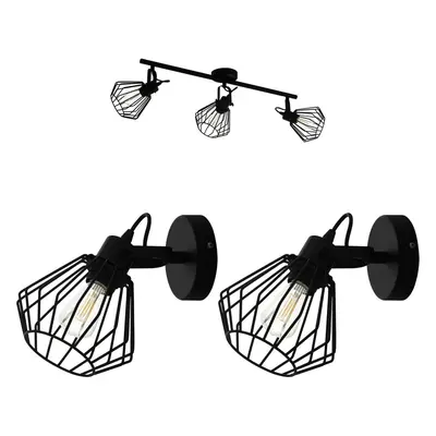 Ceiling Spot Light & 2x Matching Wall Lights Black Wire Cage Adjustable Lamp