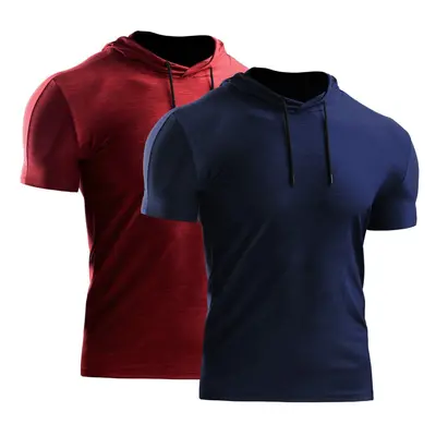 (Grey Red, XL) 2PCS Men Summer Sports T-Shirt Solid Color Hooded Short Sleeve Quick-Dry Running 