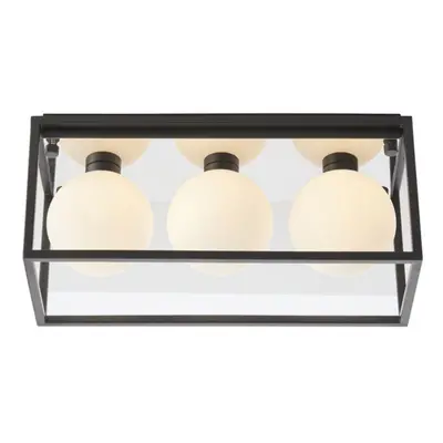 Matt Black Rectangular Framed Flush Bathroom Ceiling Light & Sphere Glass Shades