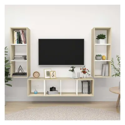 vidaXL TV Cabinet Set Piece White and Sonoma Oak Chipboard Stand Living Room