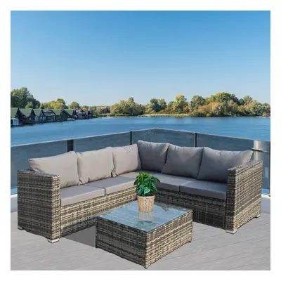 (Grey) BIRCHTREE Rattan Garden Furniture Set Corner Sofa Glass Table Patio Seaters