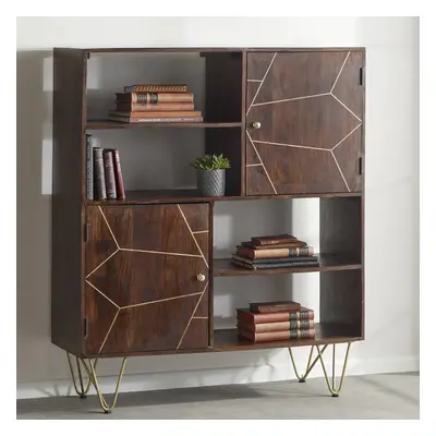 Wooden Dark Walnut Door Bookcase Display Cabinet Open Shelves Gold Inlays