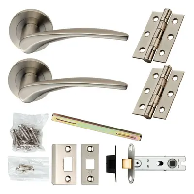 Door Handle & Latch Pack Satin Steel Smooth Arched Lever Screwless Round Rose