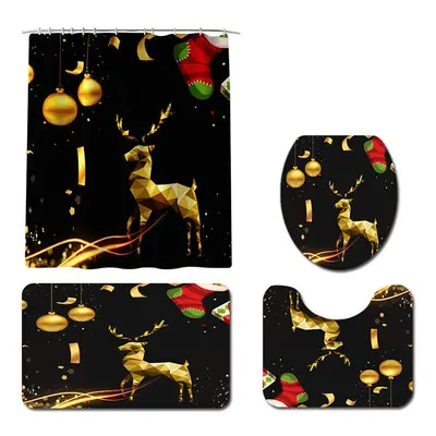 (4Pcs Set) 180x180 Waterproof Christmas Elk Shower Curtain Set Non-slip Bath Mat Toilet Lid Cove