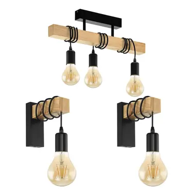 Ceiling Spot Light & 2x Matching Wall Lights Black & Wood Trendy Hanging Lamp