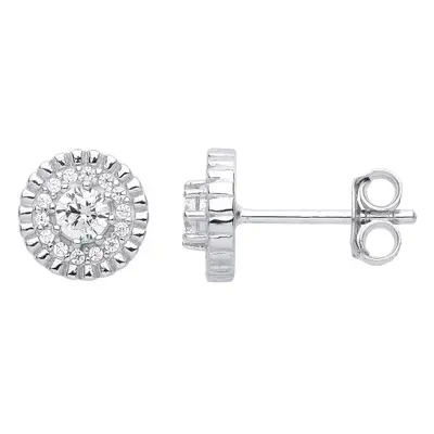 Jewelco London Ladies Rhodium Plated Sterling Silver CZ Bead Edge Halo Solitaire Cluster Stud Ea