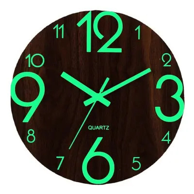 12" Luminous Wall Clock Quartz Wooden Silent Non Ticking Dark Home Room Decor