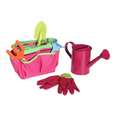 (Red) 6Pcs Kids Gardening Tools Children Shovel Spade Fork Set Tote Bag Garden Yard