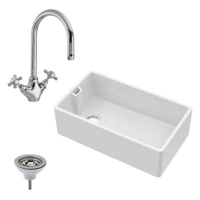 Fireclay Belfast Kitchen Sink with Overflow, Mono Sink Mixer Tap & Waste, 795mm