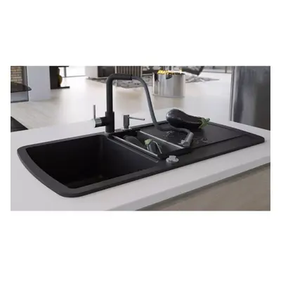 vidaXL Granite Kitchen Sink Double Basin Black Overmount with Basket Strainer