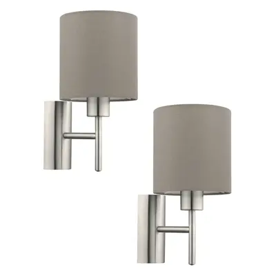 2 PACK Wall Light Colour Satin Nickel Shade Taupe Fabric Rocker Switch E27 60W